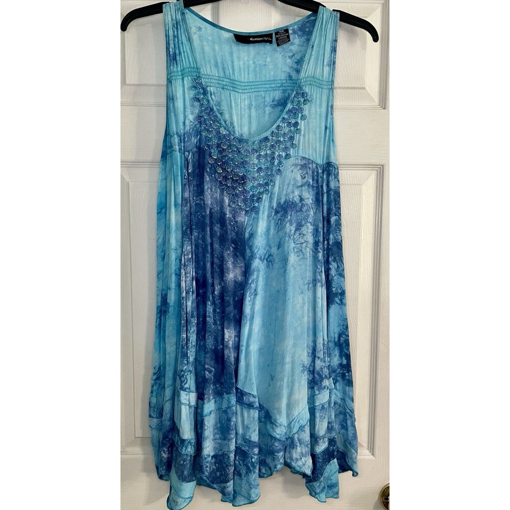 Denim 24/7 Tie Dyed Blue Tank Dress Tunic Size 18W Beaded Neckline Sharkbite